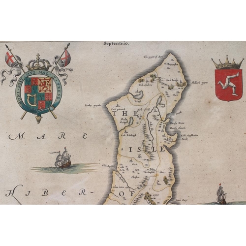 335 - JOHANNES BLAEU (1650-1712) Isle of Man, hand coloured engraved map, 1645/72 edition, with title cart... 