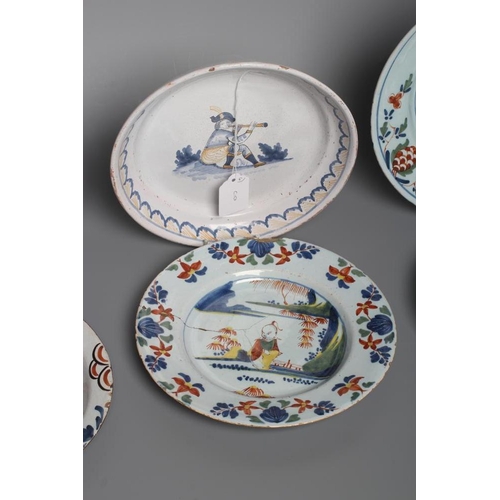 35 - AN ENGLISH DELFT PLATE, London c.1740, painted in green, red, yellow and blue with a seated chinoise... 