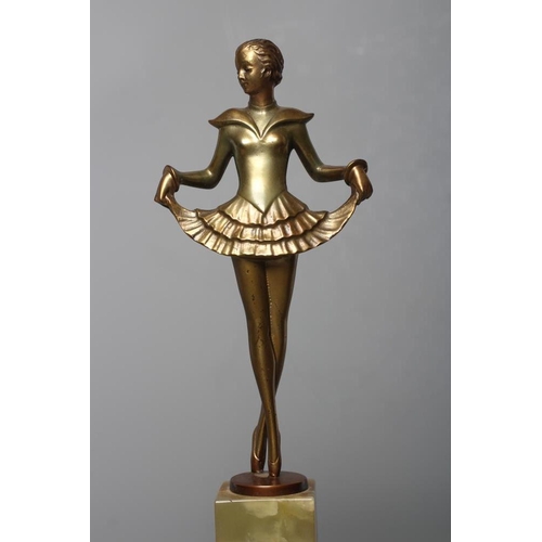 380 - AFTER JOSEF LORENZL, an art deco bronze figure of a young lady wearing a wide collared short pleated... 