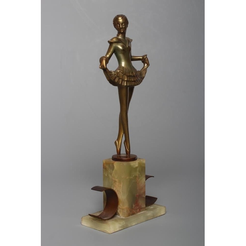 380 - AFTER JOSEF LORENZL, an art deco bronze figure of a young lady wearing a wide collared short pleated... 