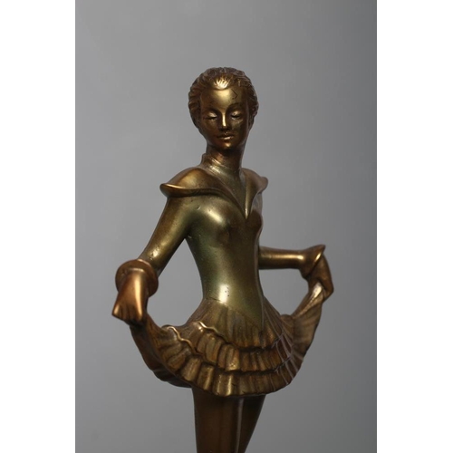 380 - AFTER JOSEF LORENZL, an art deco bronze figure of a young lady wearing a wide collared short pleated... 