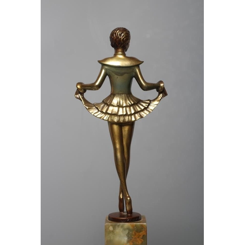 380 - AFTER JOSEF LORENZL, an art deco bronze figure of a young lady wearing a wide collared short pleated... 