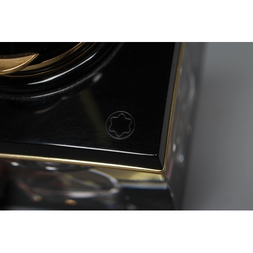 393 - A MONTBLANC MEISTERSTUCK SQUARE GLASS INKWELL, 1990's, with black plastic and gilt metal mounts, hin... 