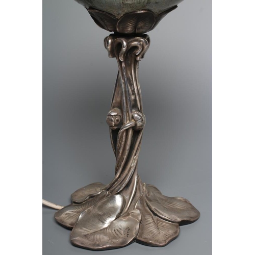 394 - AN ART NOUVEAU SILVERED SPELTER OIL LAMP, possibly French/Belgian, the streaky blue/brown glazed ear... 