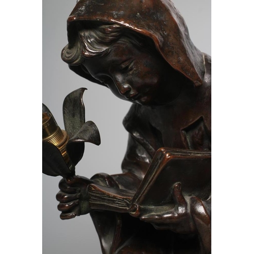 401 - A BRONZED METAL FIGURAL TABLE LAMP, 20th century, modelled as a hooded child seated on a barrel, hol... 