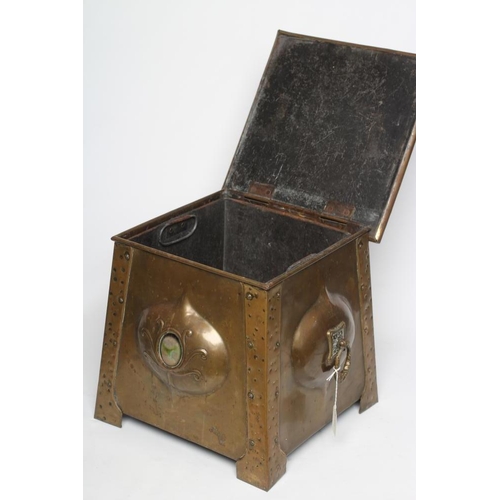 402 - AN ARTS AND CRAFTS STYLE BRASS COAL BOX, c.1900, of square tapering form with loop carrying handles ... 