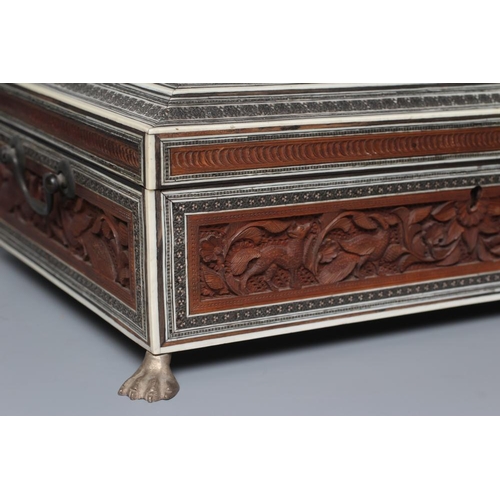 405 - AN ANGLO INDIAN SANDALWOOD SEWING BOX, mid 19th century, of sarcophagus form with Sadeli mosaic band... 