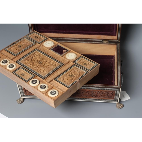 405 - AN ANGLO INDIAN SANDALWOOD SEWING BOX, mid 19th century, of sarcophagus form with Sadeli mosaic band... 