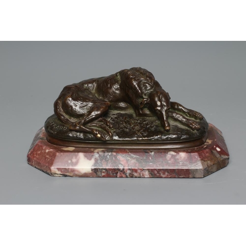 419 - AFTER PAUL J. R. GAYRARD (French 1807-1855) Reclining Deer Hound, signed bronze, brown patination, r... 