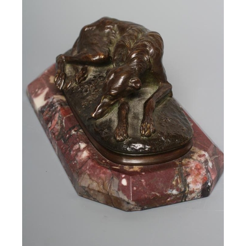 419 - AFTER PAUL J. R. GAYRARD (French 1807-1855) Reclining Deer Hound, signed bronze, brown patination, r... 