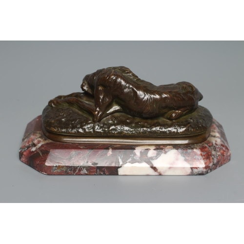 419 - AFTER PAUL J. R. GAYRARD (French 1807-1855) Reclining Deer Hound, signed bronze, brown patination, r... 