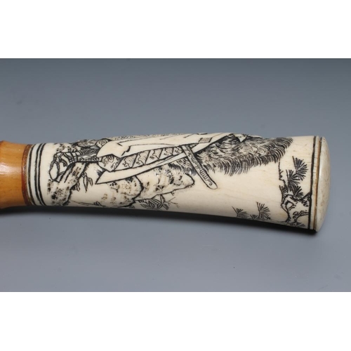 431 - A JAPANESE WALKING CANE, the bone grip carved in relief with a Samurai killing a tiger, bamboo shaft... 