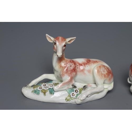 44 - A DERBY PORCELAIN STAG AND HIND, c.1760, each modelled recumbent on a flower encrusted shaped base, ... 