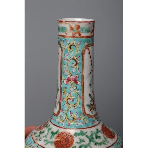 5 - A CHINESE PORCELAIN BOTTLE VASE painted in colours with panels of flowers, birds and butterflies on ... 