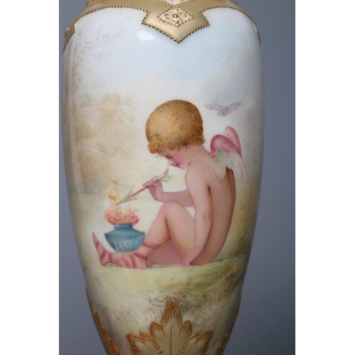 52 - A PAIR OF ROYAL DOULTON CHINA GARNITURE VASES, 1920's, of slender ovoid form raised upon cluster col... 