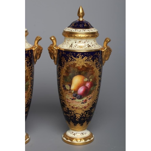 53 - A PAIR OF COALPORT CHINA VASES AND COVERS, c.1900, of slender ovoid form with ram's mask handles, pa... 