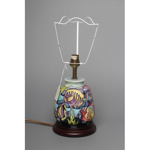 57 - A MOORCROFT POTTERY MARTINIQUE PATTERN TABLE LAMP, modern, of rounded tapering cylindrical form, tub... 