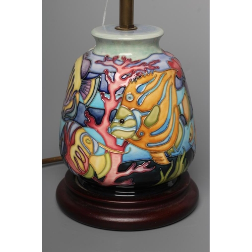 57 - A MOORCROFT POTTERY MARTINIQUE PATTERN TABLE LAMP, modern, of rounded tapering cylindrical form, tub... 