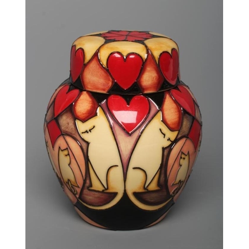 67 - A MOORCROFT POTTERY PURRING PATTERN SMALL GINGER JAR AND COVER, 2017, of ovoid form, tubelined and p... 