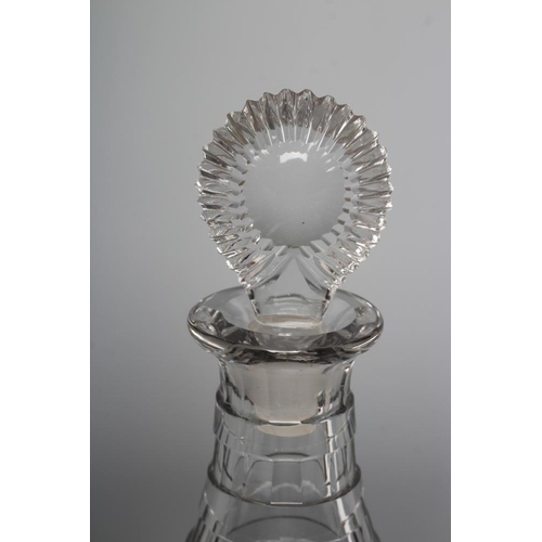 90 - A PAIR OF TRIPLE RING NECK MALLET GLASS DECANTERS, 19th century, with bullseye stoppers, the sloping... 