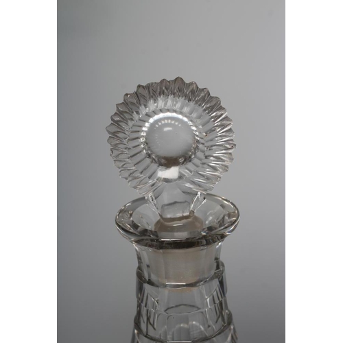 90 - A PAIR OF TRIPLE RING NECK MALLET GLASS DECANTERS, 19th century, with bullseye stoppers, the sloping... 