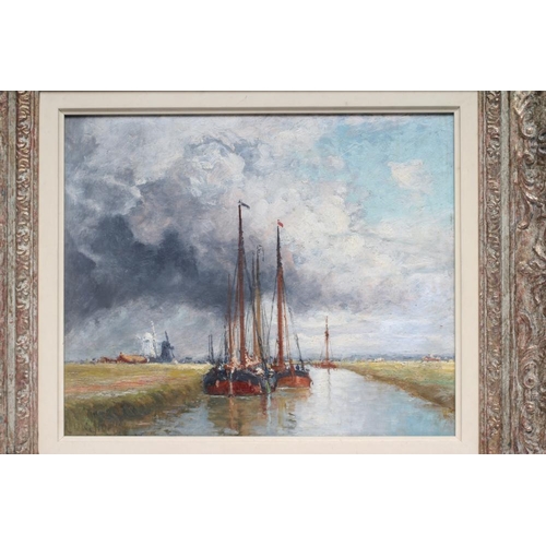 658 - CHARLES JOHN DE LACY (1856-c.1936) Canal Scene Flanders, oil on board, signed, inscribed label to re... 