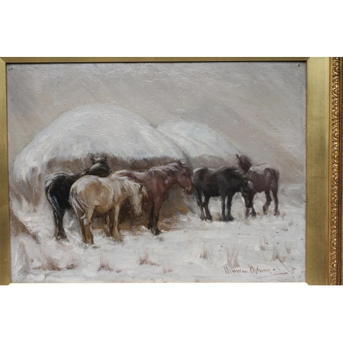 660 - JOSEPH DENOVAN ADAM Snr. RSA RSW (Canadian 1841-1896) Ponies Sheltering From a Blizzard, oil on pane... 