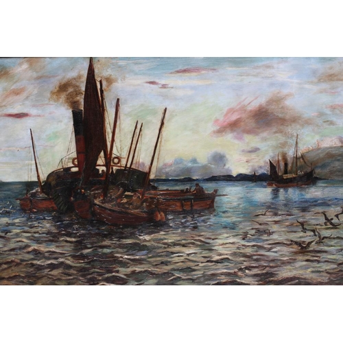 672 - ATTRIBUTED TO COLIN HUNTER (1841-1904) Herring Boats at Dusk, oil on canvas, unsigned, 24