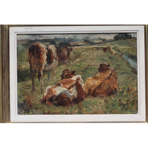 673 - MARK WILLIAM FISHER (1841-1923) Cattle Resting in a Meadow, oil on board, signed, RSW Gallery London... 