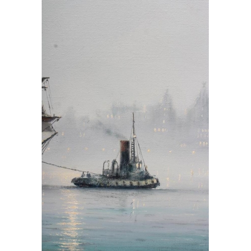 695 - JACK RIGG (1927-2023) Harbour Scene with Sailing Vessel and Tug at Dusk, oil on canvas, signed, 20 1... 