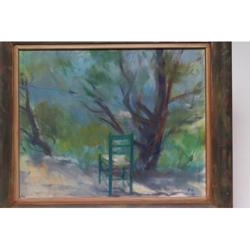 709 - GYORGY GORDON (Hungarian 1924-2005) Green Chair near a Tree, oil on canvas, signed with initials and... 