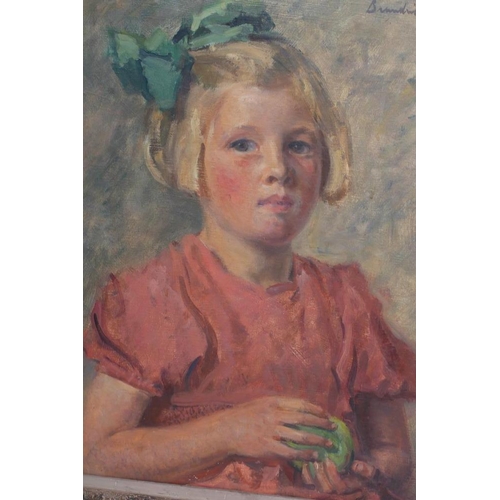 713 - REGINALD GRANGE BRUNDIT RA ROI (1883-1960) Portrait of a Young Girl, half length, oil on canvas, sig... 