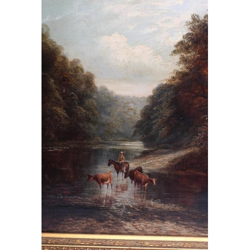 717 - CIRCLE OF WILLIAM MELLOR (1851-1931) River Scene with Cattle Drover on Horseback, oil on canvas, bea... 