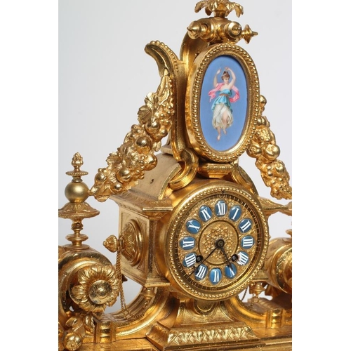 774 - A LOUIS XVI STYLE GILT METAL MANTEL CLOCK, late 19th century, inset with Sevres style bleu celeste p... 