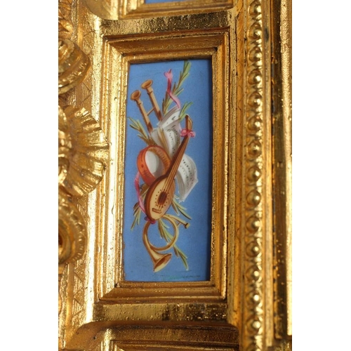 774 - A LOUIS XVI STYLE GILT METAL MANTEL CLOCK, late 19th century, inset with Sevres style bleu celeste p... 