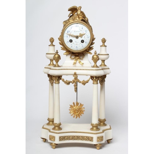 778 - A GILT METAL AND WHITE MARBLE PORTICO CLOCK, French, 19th century, the twin barrel movement striking... 