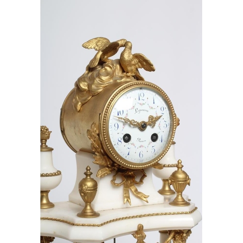 778 - A GILT METAL AND WHITE MARBLE PORTICO CLOCK, French, 19th century, the twin barrel movement striking... 