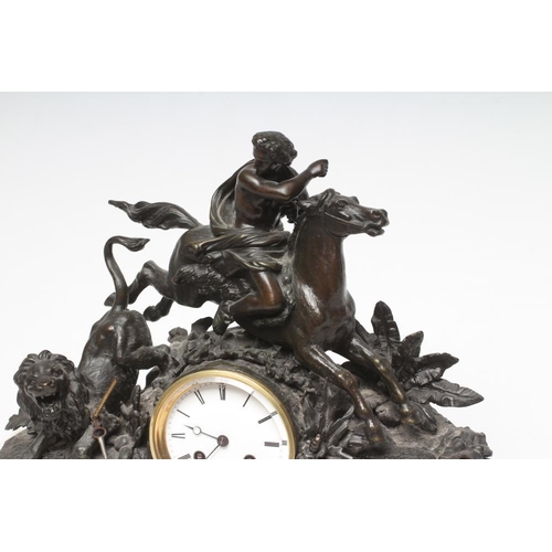 782 - A FRENCH SPELTER AND WHITE MARBLE MANTEL CLOCK, c.1900, the twin barrel movement with outside count ... 