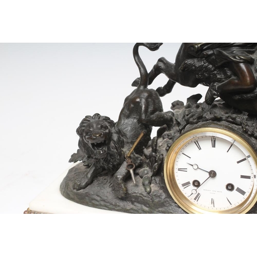 782 - A FRENCH SPELTER AND WHITE MARBLE MANTEL CLOCK, c.1900, the twin barrel movement with outside count ... 