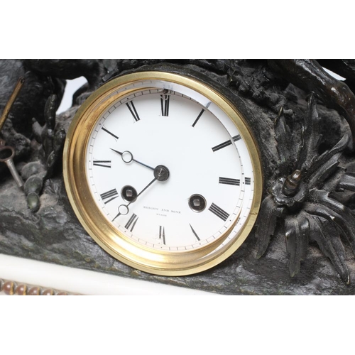 782 - A FRENCH SPELTER AND WHITE MARBLE MANTEL CLOCK, c.1900, the twin barrel movement with outside count ... 