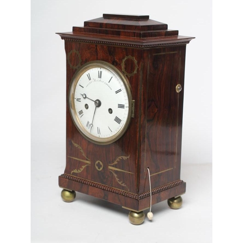 784 - A REGENCY ROSEWOOD MANTEL CLOCK, signed Grant, Fleet Street London, the twin barrel double fusee mov... 