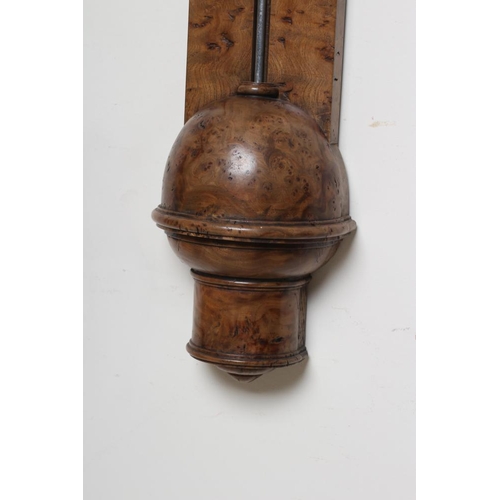 785 - A BURR WALNUT STICK BAROMETER, early 18th century, signed Thomas Wright, Fleet Street, the leaf chas... 