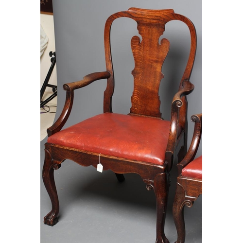 826 - A SET OF FIVE (4 +1) MUNICIPAL LARGE OAK ELBOW CHAIRS, including a throne chair, c.1900, in the earl... 