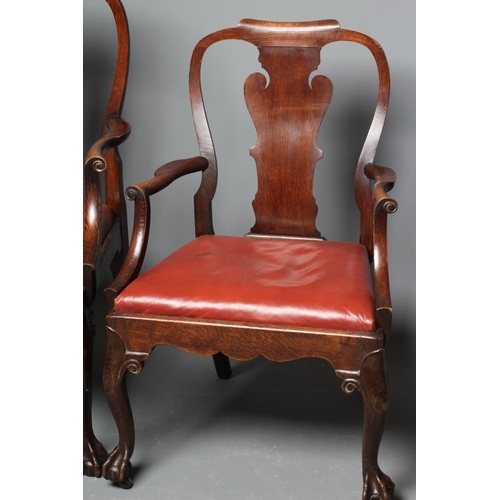 826 - A SET OF FIVE (4 +1) MUNICIPAL LARGE OAK ELBOW CHAIRS, including a throne chair, c.1900, in the earl... 