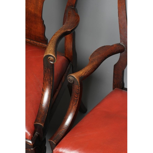 826 - A SET OF FIVE (4 +1) MUNICIPAL LARGE OAK ELBOW CHAIRS, including a throne chair, c.1900, in the earl... 