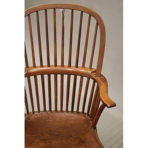 832 - A HIGH STICK BACK WINDSOR ARMCHAIR, Thames Valley, 19th century, with hoop back, stepped bow rail wi... 