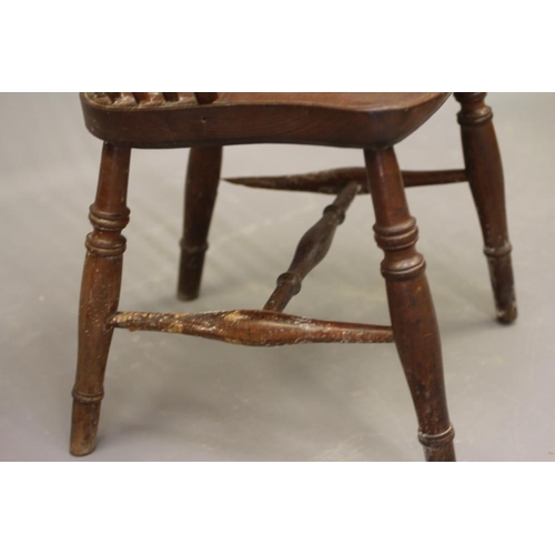 832 - A HIGH STICK BACK WINDSOR ARMCHAIR, Thames Valley, 19th century, with hoop back, stepped bow rail wi... 