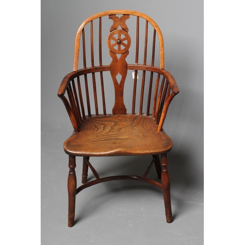 838 - A YEW AND ELM LOW HOOP BACK WINDSOR ARMCHAIR, Thames Valley, 19th century, with wheel splat, crook a... 