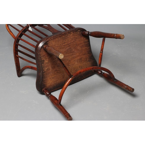 838 - A YEW AND ELM LOW HOOP BACK WINDSOR ARMCHAIR, Thames Valley, 19th century, with wheel splat, crook a... 