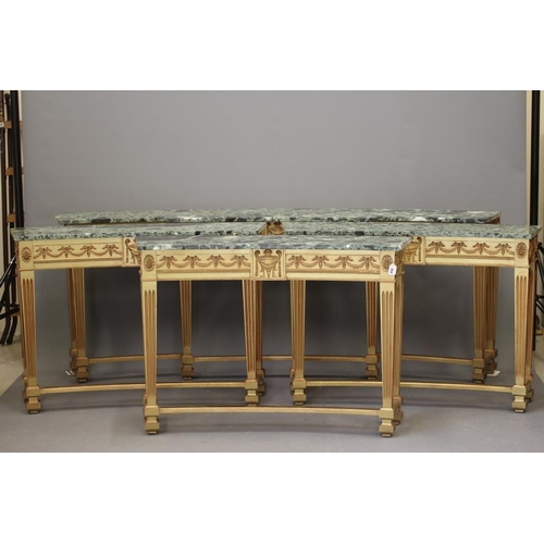 858 - A SUITE OF GILTWOOD AND GREEN MARBLE SIDE TABLES, modern, of curved outline and in the neo classical... 